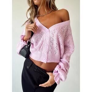 Princess Polly Lyric Cropped Pointelle Button Up Cardigan Sweater Pink L / XL